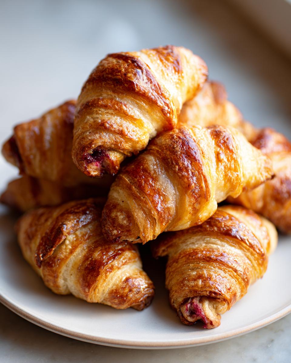 A stack of glossy, golden-brown, flaky Rugelach pastries with visible jam filling peeking out.