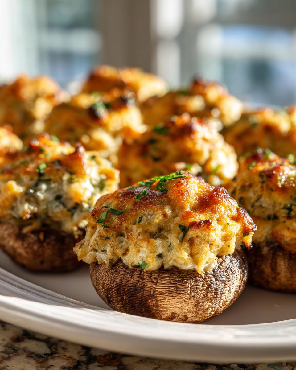 Close-up of golden-brown baked stuffed mushrooms recipe, topped with cheese and parsley.