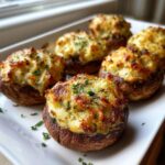 Close-up of five golden-brown stuffed mushrooms recipe appetizers with cheesy, baked topping and parsley.