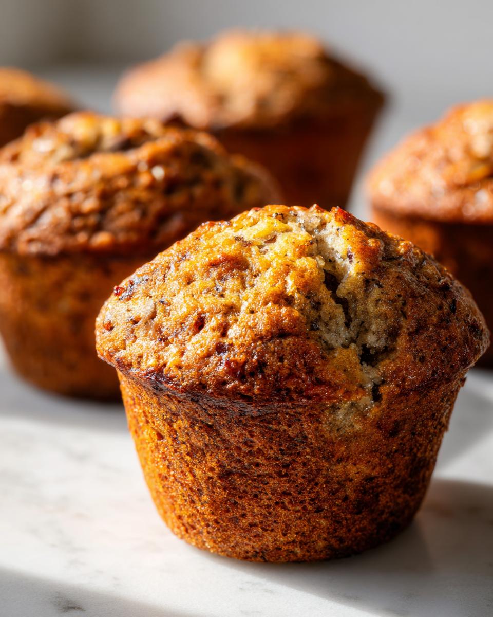 A close-up, focus shot of a perfectly baked banana nut muffin with a cracked top, surrounded by other banana nut muffins.