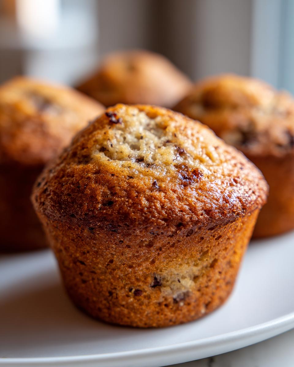 Close-up of a perfectly baked, golden brown banana nut muffin with visible flecks of banana and nuts.