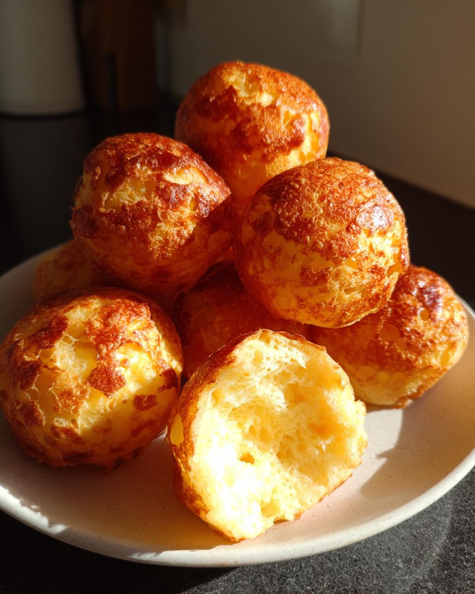 A pile of freshly baked, golden-brown brazilian cheese bread, one broken open showing the airy interior.