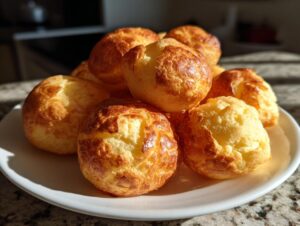 A pile of freshly baked, golden-brown Brazilian cheese bread rolls sitting on a white plate in bright sunlight.