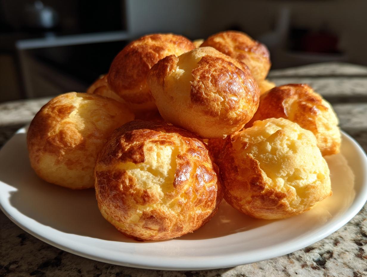 A pile of freshly baked, golden-brown Brazilian cheese bread rolls sitting on a white plate in bright sunlight.