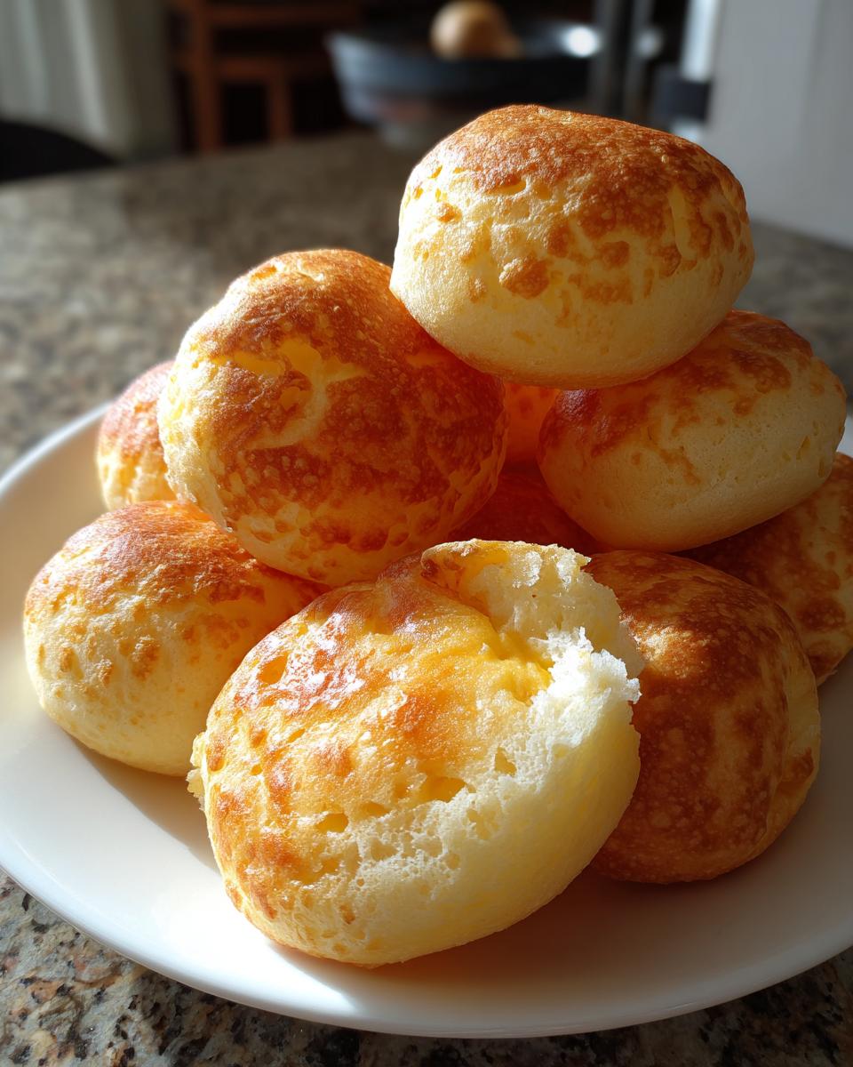 A stack of freshly baked Brazilian cheese bread rolls with golden-brown tops, one is broken open showing the soft interior.