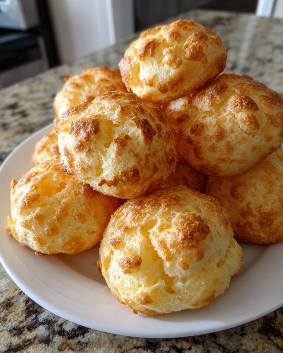 A close-up of several golden-brown, puffy brazilian cheese bread rolls stacked on a white plate.
