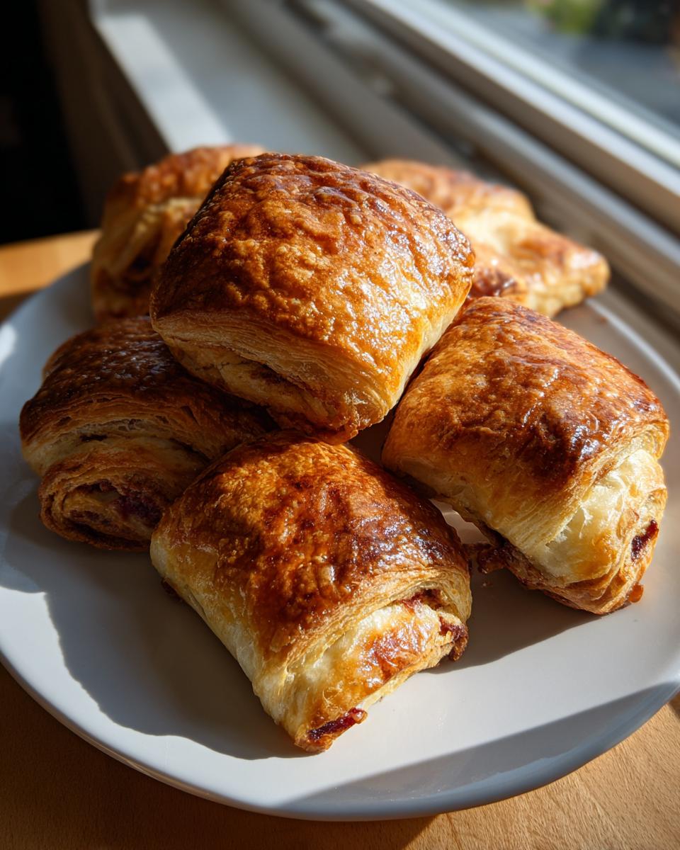 A stack of freshly baked, golden brown Rugelach pastries with flaky layers, sitting on a white plate near a window.