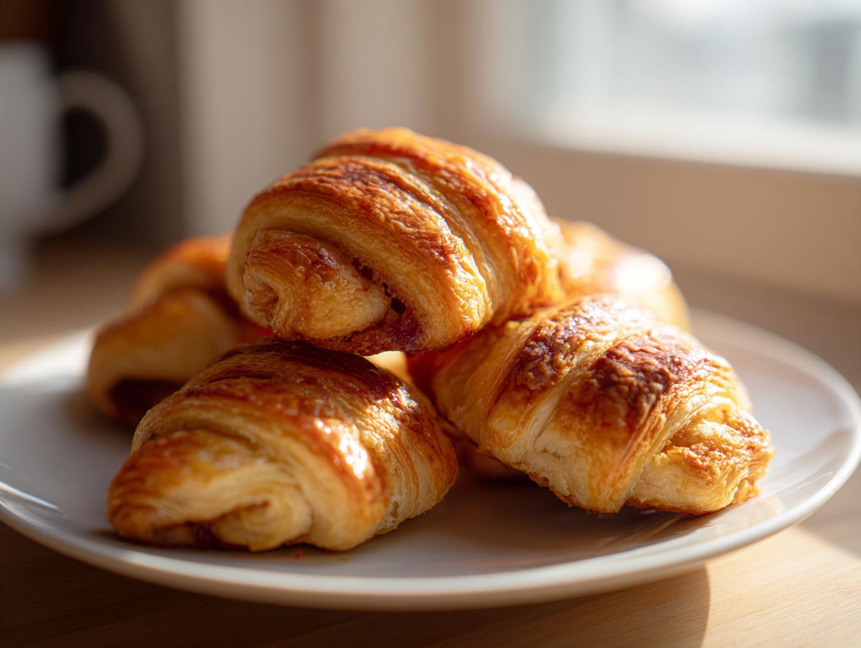 Close-up of several golden brown, flaky Rugelach pastries stacked on a white plate near a window.