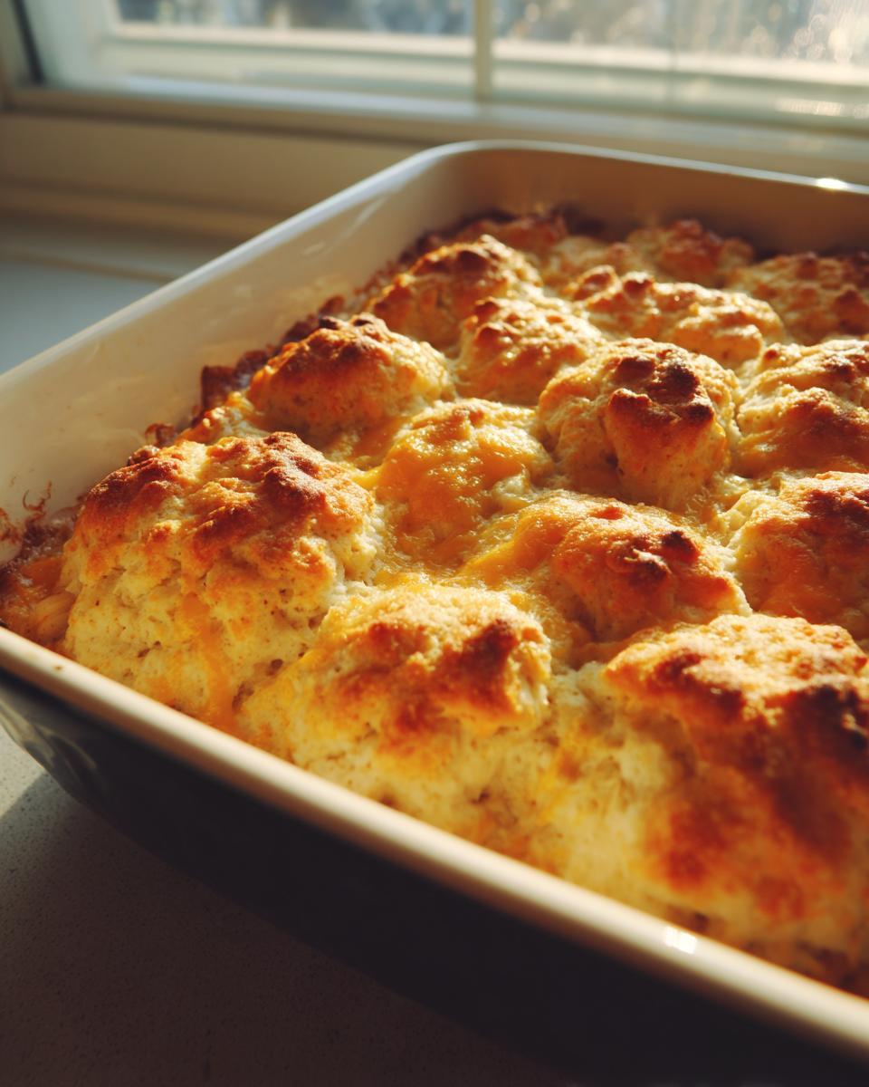 Close-up of a freshly baked chicken cobbler with golden brown biscuit topping in a casserole dish.