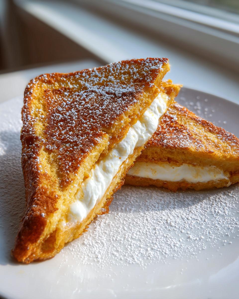 Two halves of golden brown cream cheese stuffed french toast sprinkled with powdered sugar.