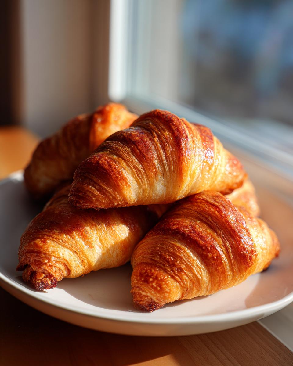 Close-up of several golden brown, flaky croissants stacked on a white plate near a window, despite the article being about Rugelach.