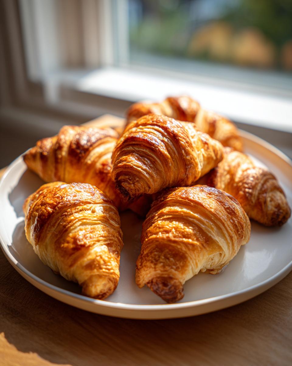 A plate piled high with golden brown, flaky croissants, contrasting with the bright window light. Not Rugelach.