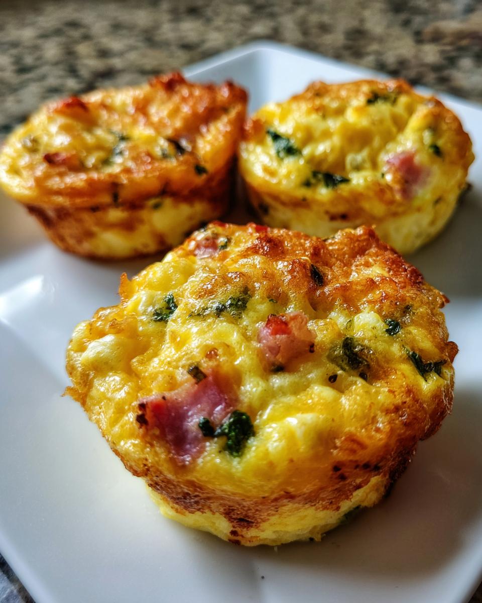 Close-up of three perfectly baked Egg Muffin Cups on a white plate, showing golden tops with visible ham and green herbs.