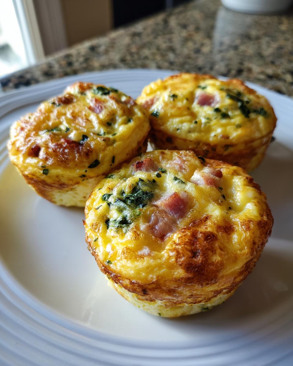 Three perfectly baked Egg Muffin Cups with visible ham and spinach pieces on a white plate.
