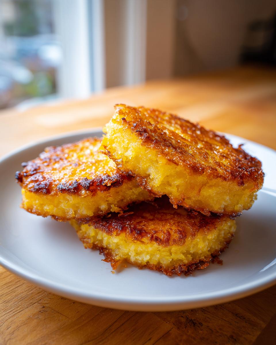 Three golden brown, crispy rounds of fried cornbread stacked on a white plate.