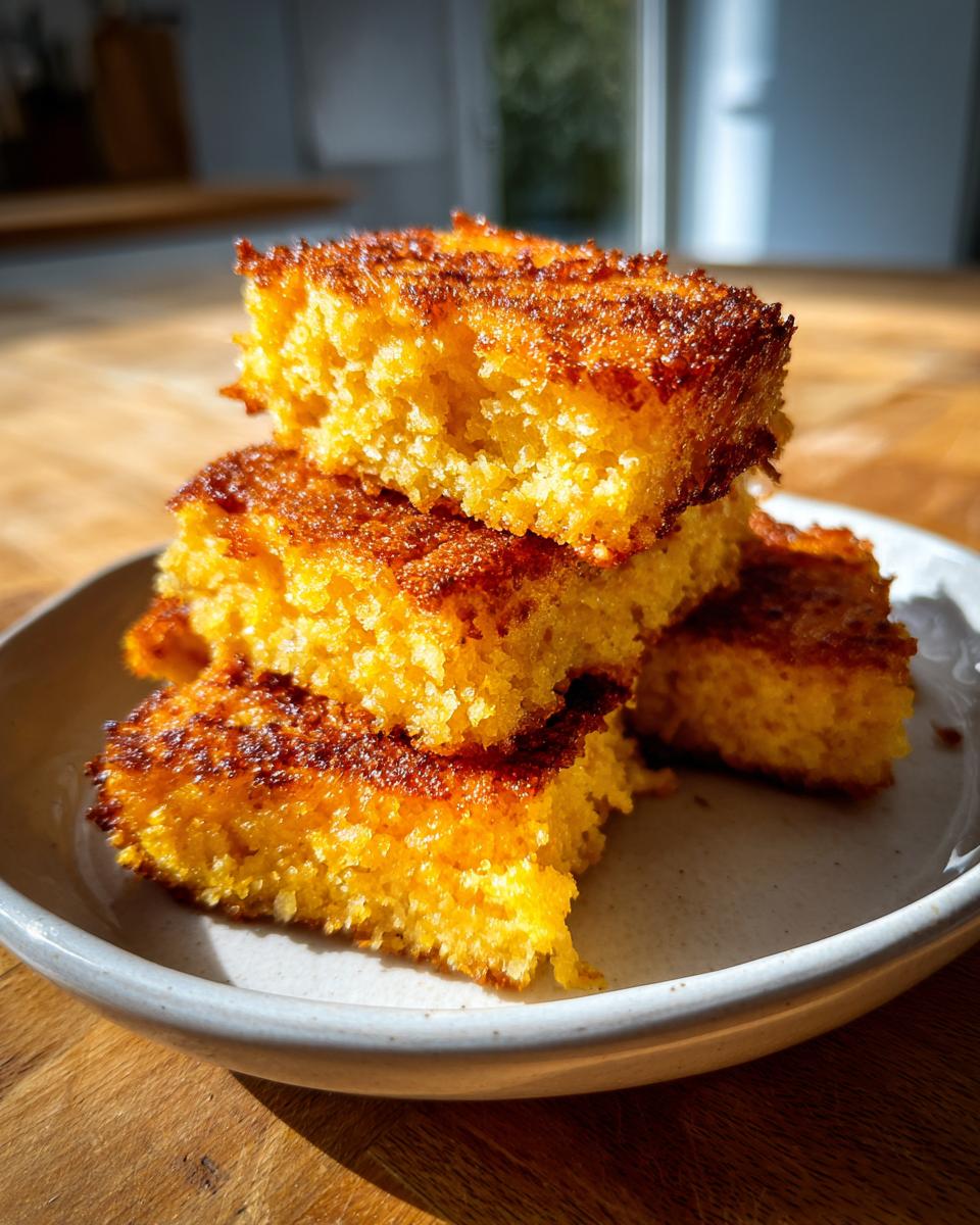 Stack of four golden yellow fried cornbread squares with crispy, browned edges on a light ceramic plate.
