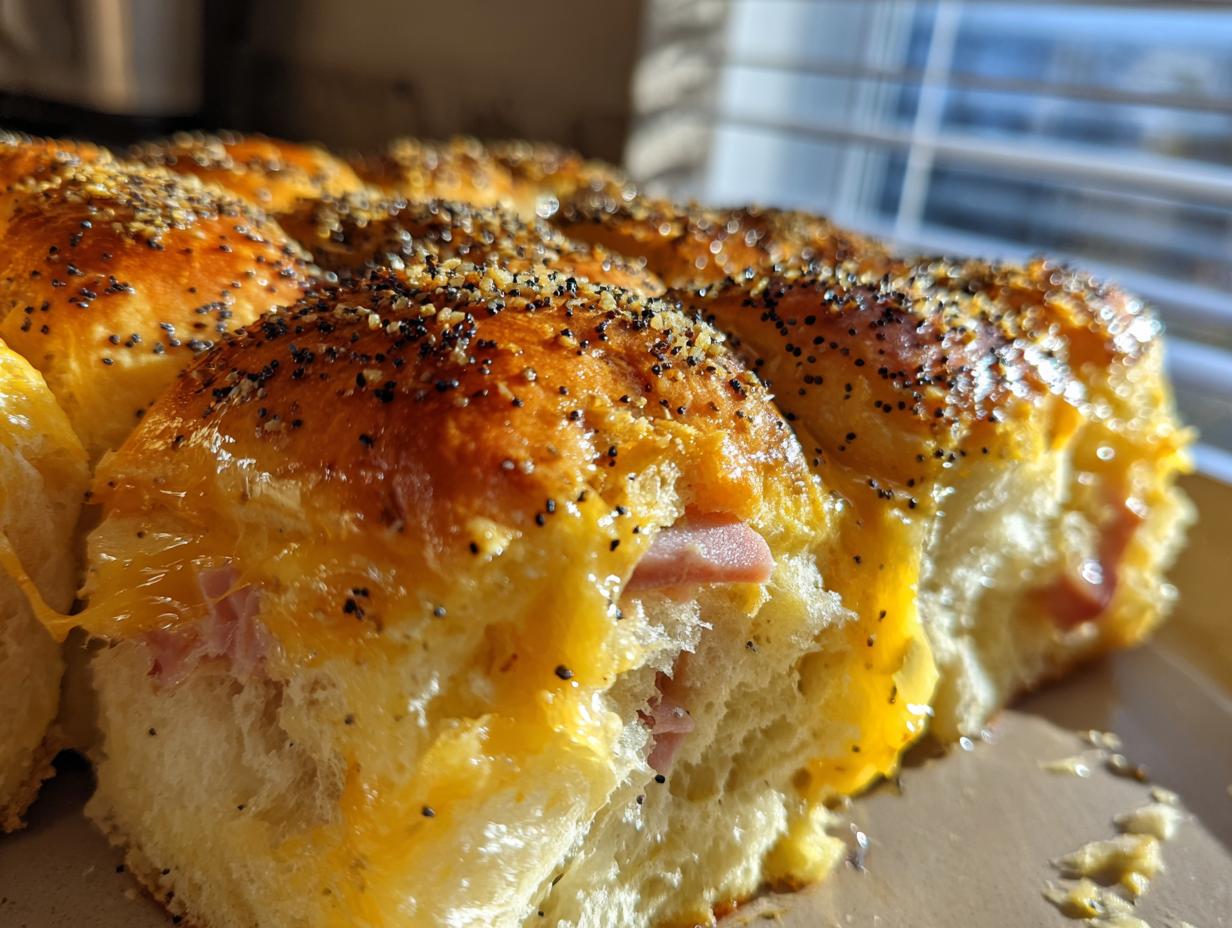 Close-up of freshly baked Ham and Cheese Sliders with melted cheese and poppy seed topping.