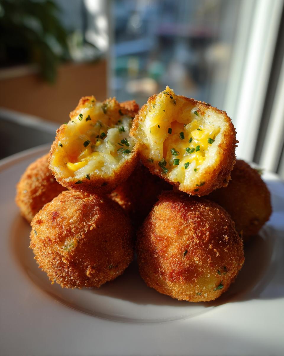A stack of crispy, golden brown potato croquettes, one broken open to show melted cheese and chives inside.
