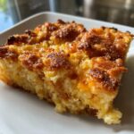 Close-up of a square slice of baked southern peach cobbler with a caramelized, golden-brown top.