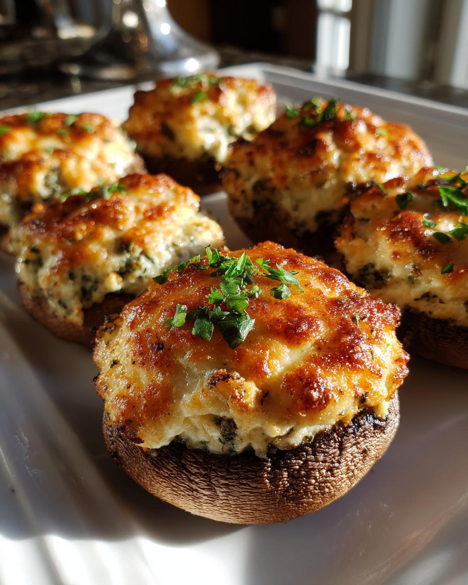 Close-up of perfectly baked stuffed mushrooms recipe with golden cheese topping and fresh parsley garnish.