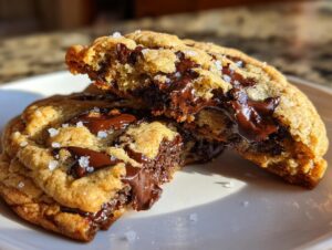 Close-up of gooey brown butter chocolate chip cookies broken in half, showing melted chocolate and sea salt.