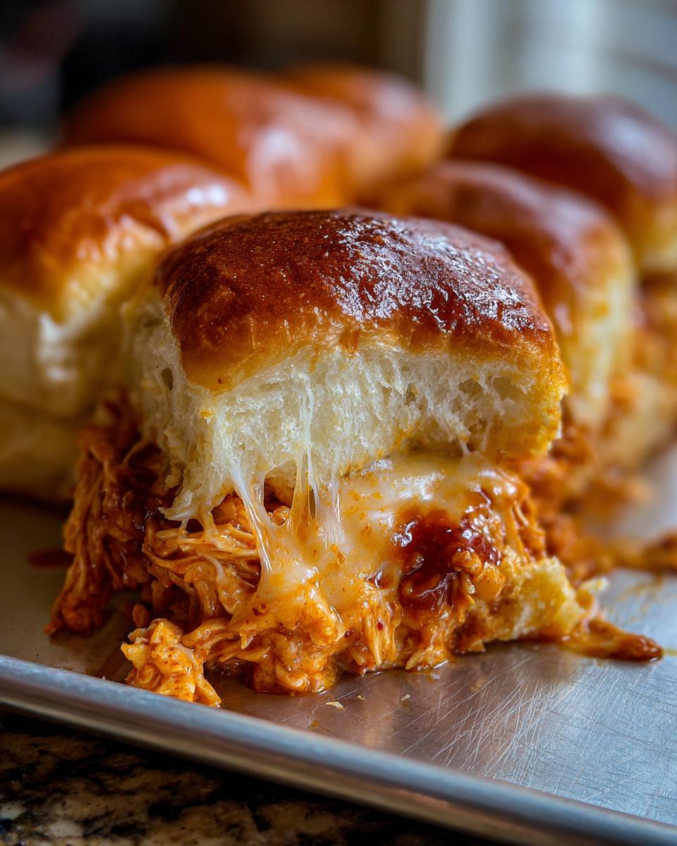 Close-up of a gooey buffalo chicken sliders sandwich pulled apart showing melted cheese stretch.