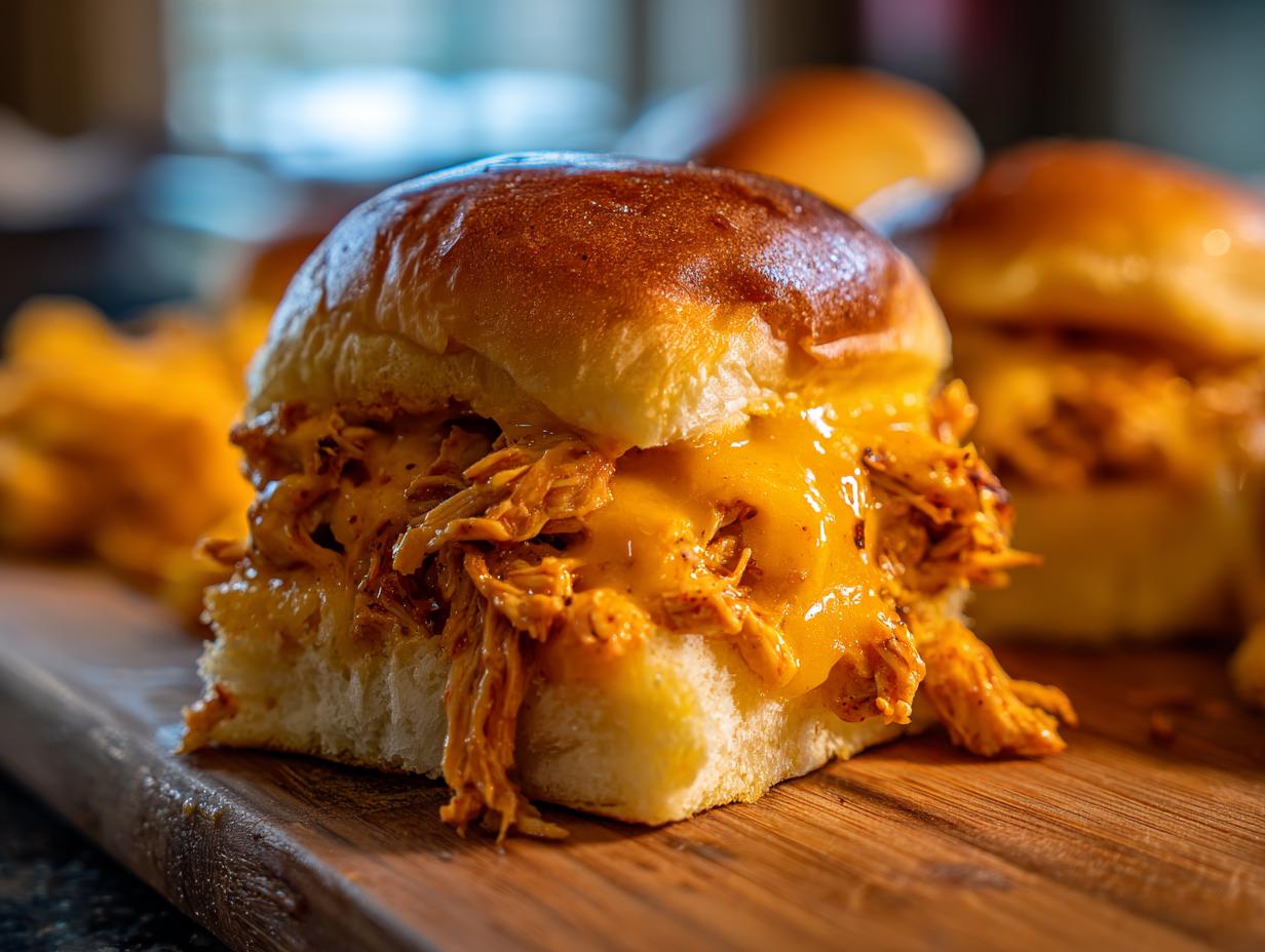 Close-up of a gooey buffalo chicken sliders sandwich filled with shredded chicken and melted orange cheese on a soft roll.