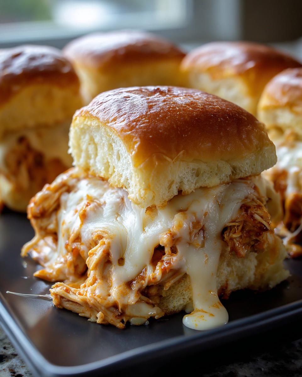 Close-up of a gooey buffalo chicken sliders sandwich overflowing with melted white cheese on a dark plate.