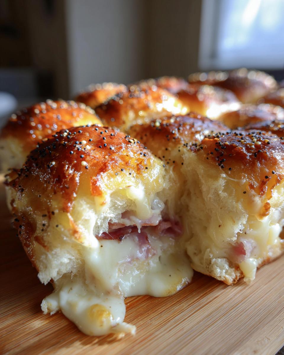 Close-up of Ham and Cheese Sliders pulled apart showing gooey melted cheese and ham filling.
