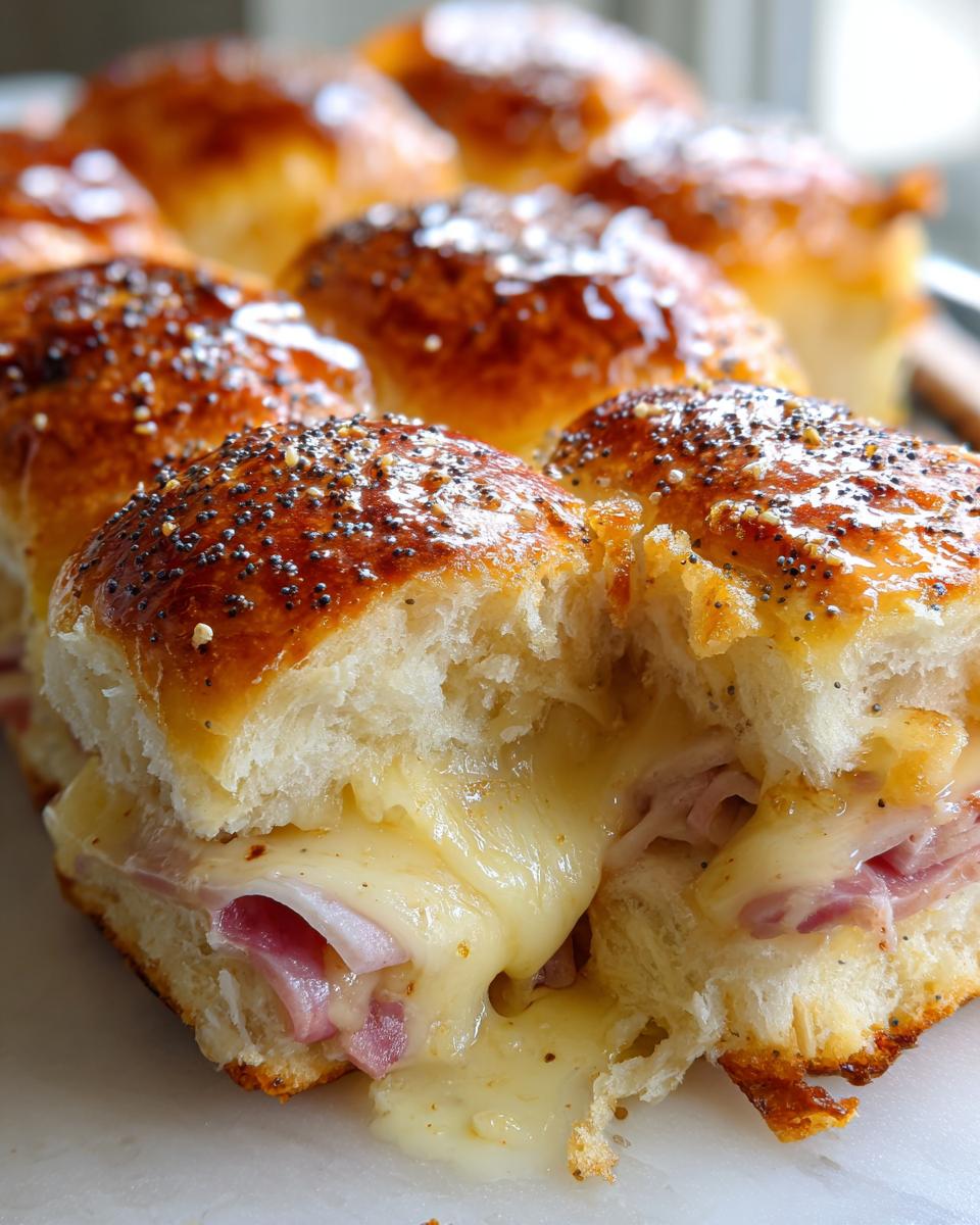 Close-up of a pulled-apart Ham and Cheese Sliders showing melted cheese oozing out with ham inside.