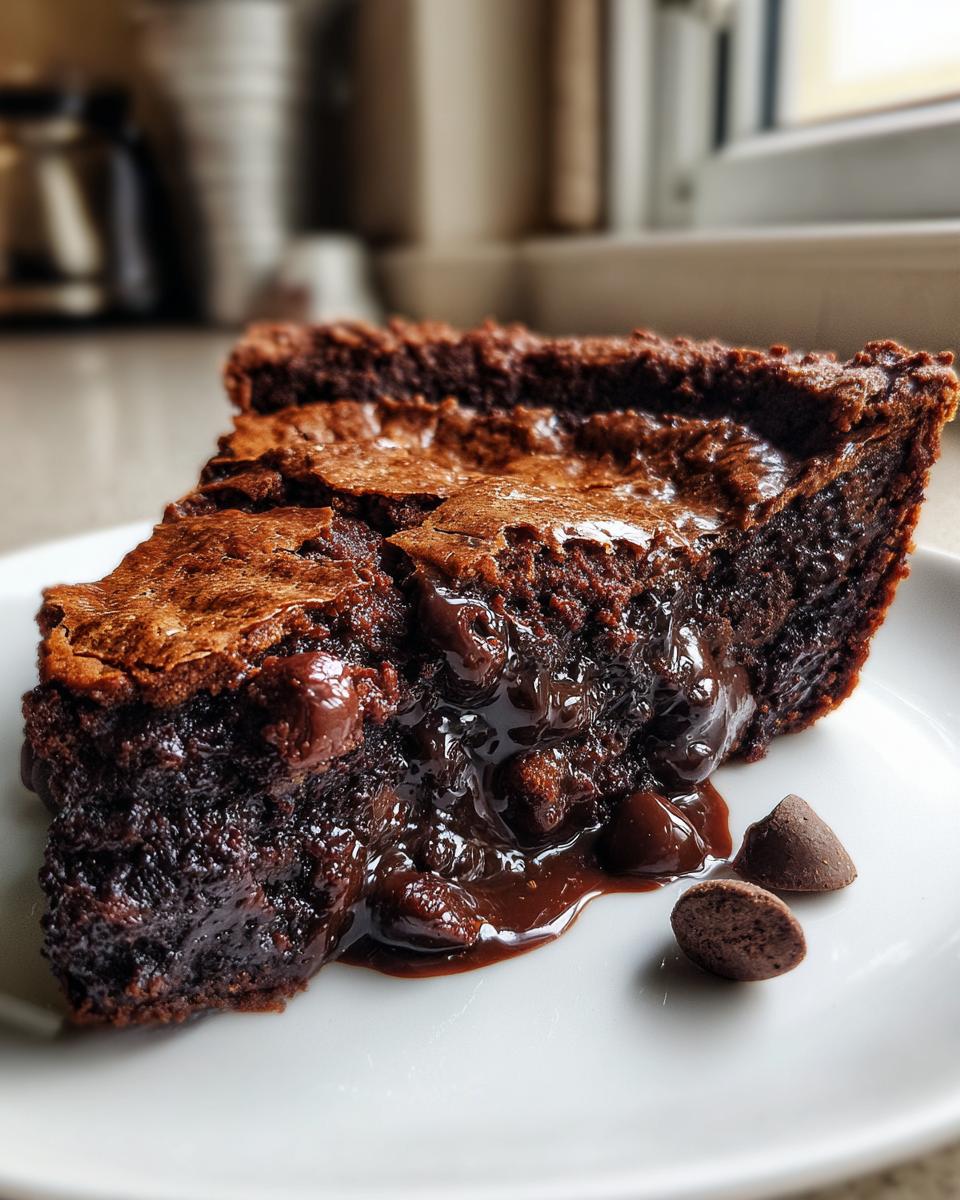 A close-up of a rich slice of hot fudge pie showing a molten, gooey chocolate center oozing onto a white plate.