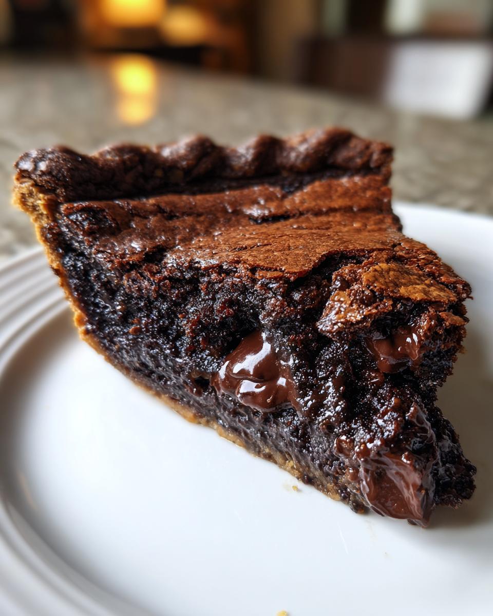 Close-up of a rich, dark slice of hot fudge pie showing a gooey, melted chocolate center on a white plate.