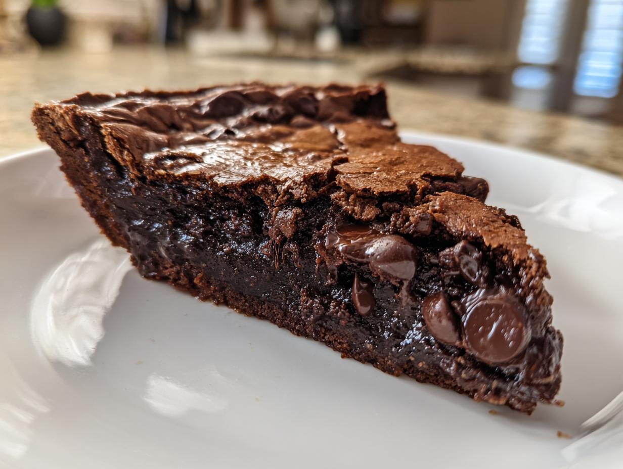 Close-up of a rich, fudgy slice of hot fudge pie showing melted chocolate chips on a white plate.