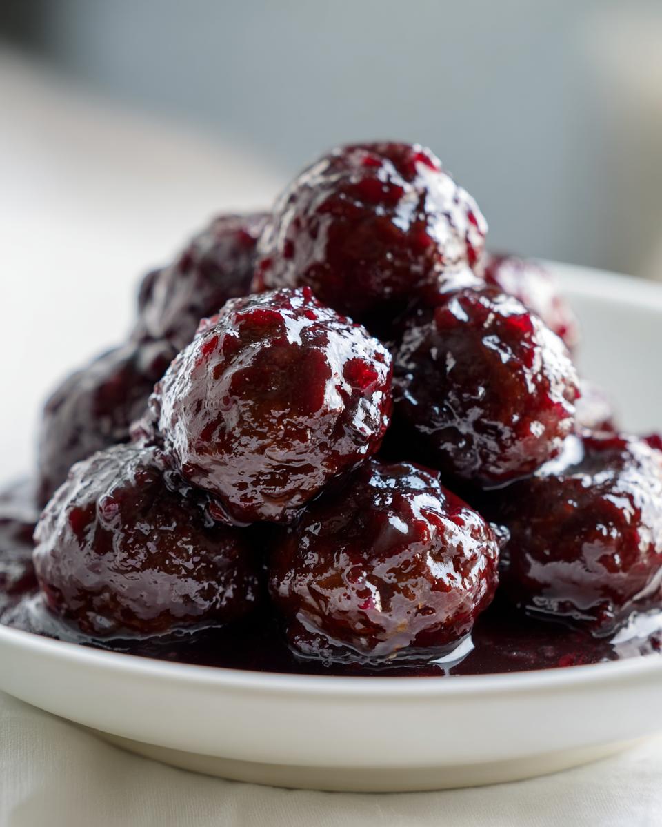 A close-up shot of a pile of glistening grape jelly meatballs coated in a thick, dark purple sauce.