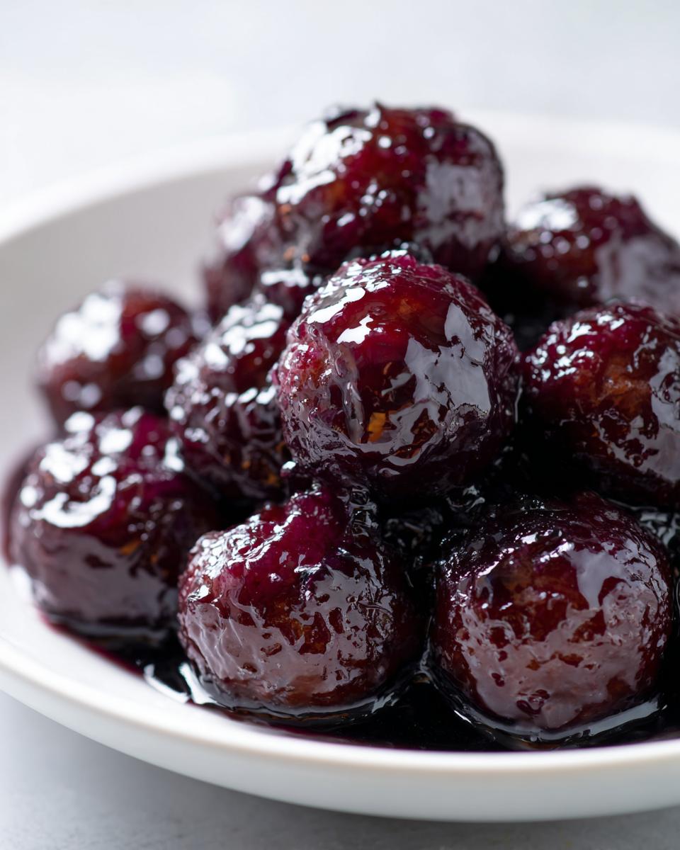 Close-up of shiny, dark purple Grape Jelly Meatballs coated in a thick, sweet glaze, served in a white bowl.