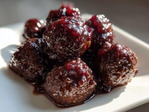 Close-up of several glistening, dark red Grape Jelly Meatballs piled on a white serving dish.