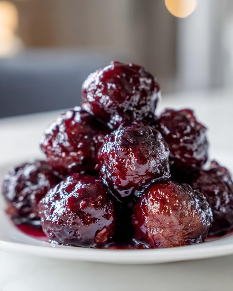 A close-up of several glistening Grape Jelly Meatballs piled high on a white plate, coated in a rich, dark purple sauce.