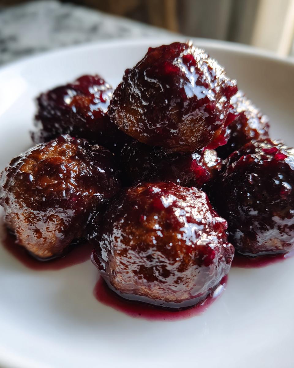A close-up of several glistening Grape Jelly Meatballs piled on a white plate, coated in a rich, dark purple glaze.