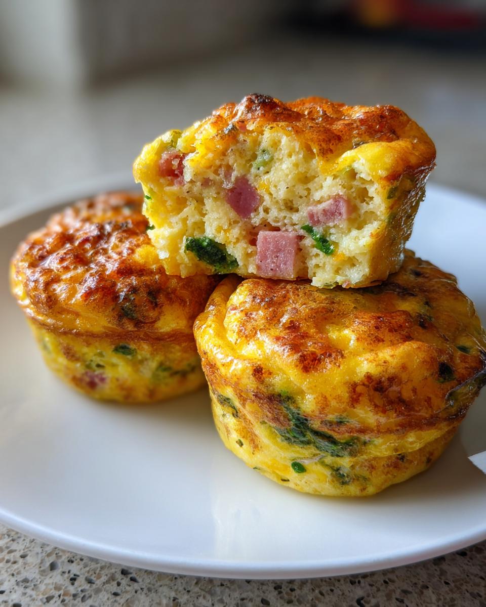 Three golden-brown Egg Muffin Cups stacked, one cut open revealing ham and spinach filling.