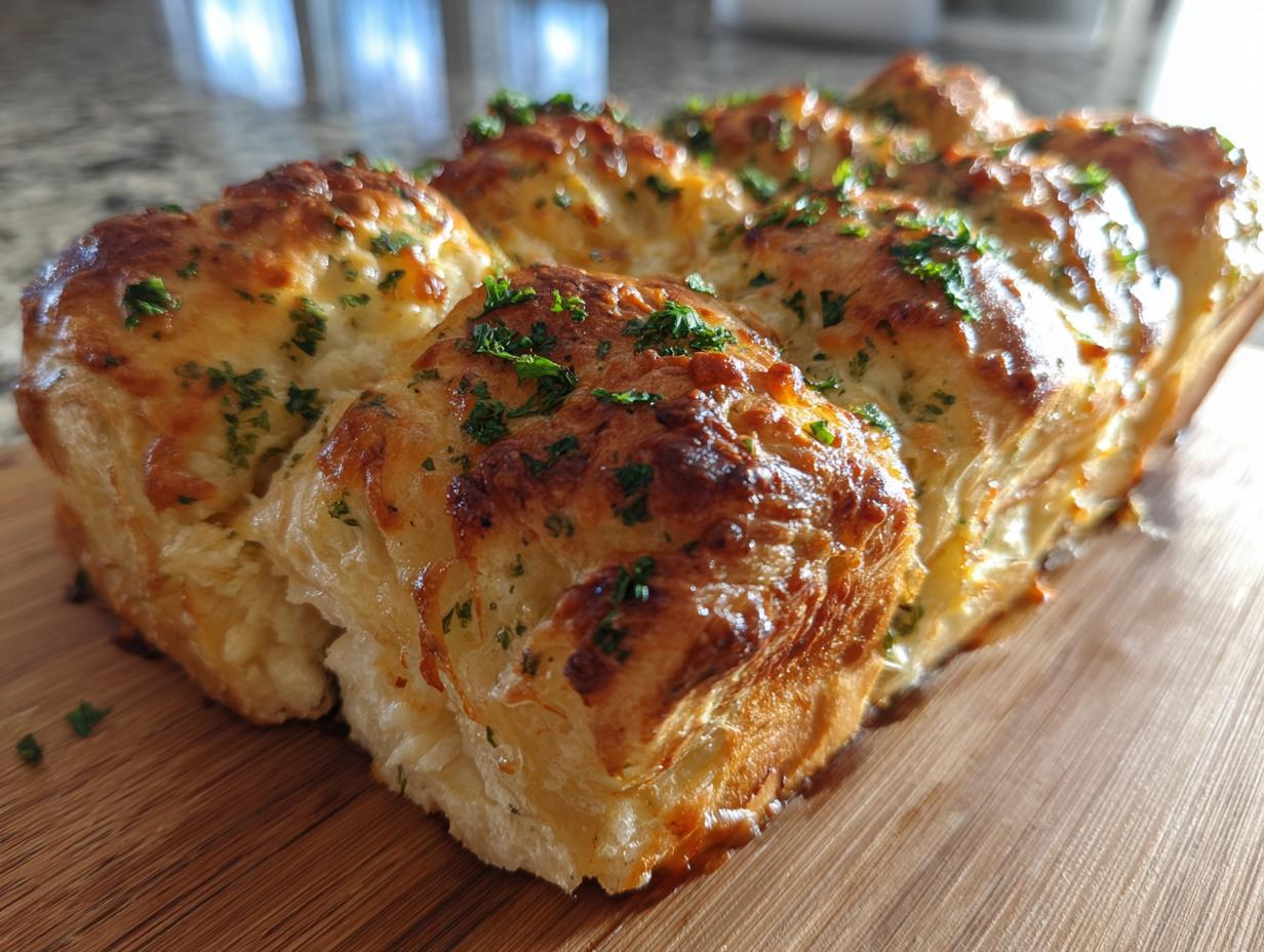 Close-up of golden brown, cheesy hawaiian roll garlic bread topped with fresh parsley.
