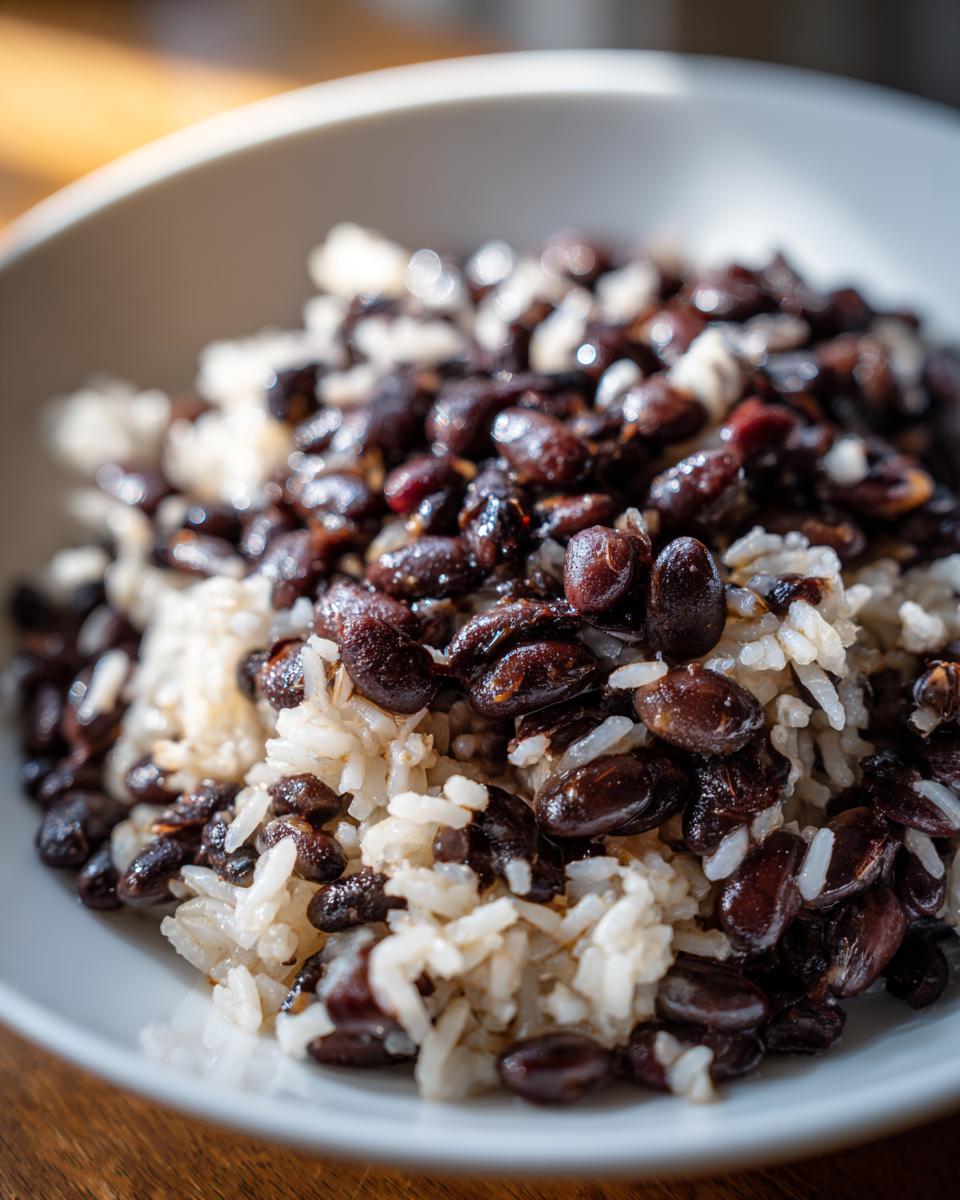 Close-up macro shot of a serving of flavorful beans and rice, featuring dark black beans mixed with white rice in a white bowl.
