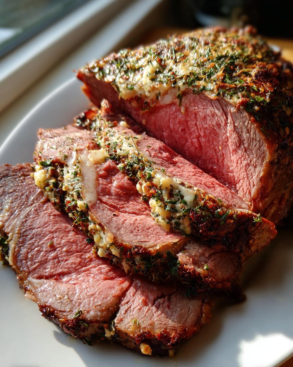 Close-up of medium-rare prime rib recipe roast, sliced and topped with a rich herb and garlic crust.