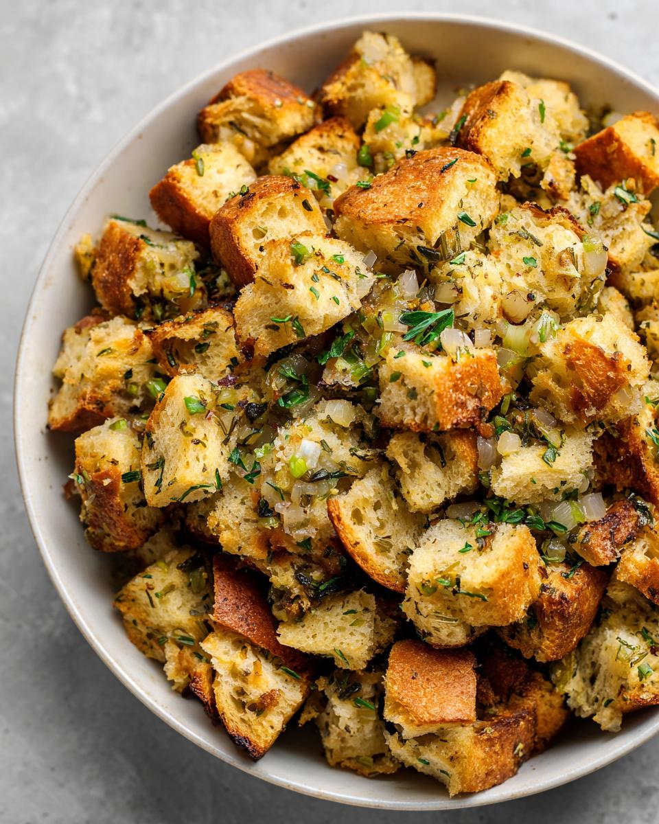 Close-up of fluffy, seasoned bread cubes making up delicious crock pot stuffing, mixed with herbs and onions.