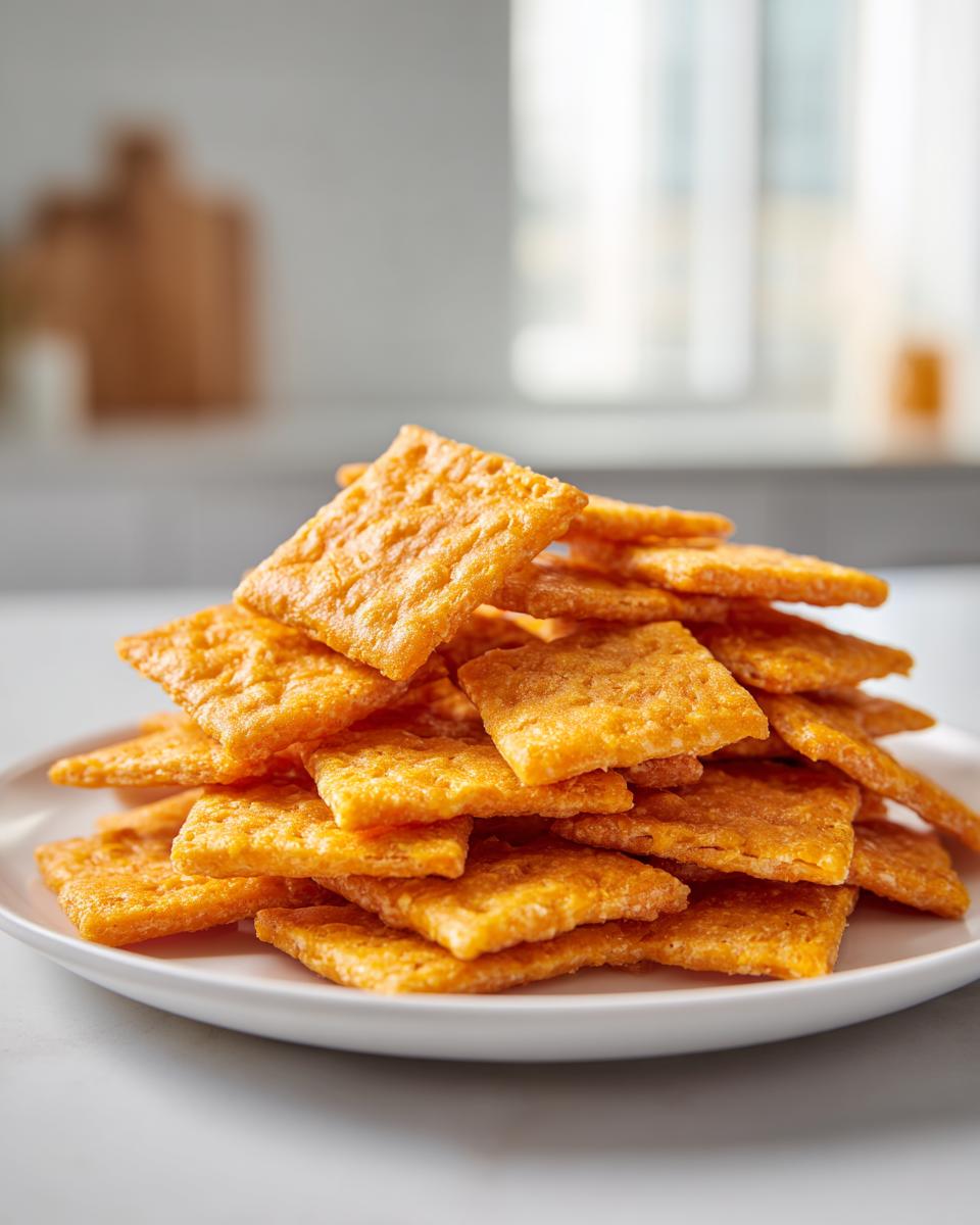A close-up of a tall stack of bright orange, square homemade cheese crackers piled high on a white plate.