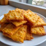 Close-up of a pile of crispy, golden homemade cheese crackers stacked on a white plate.