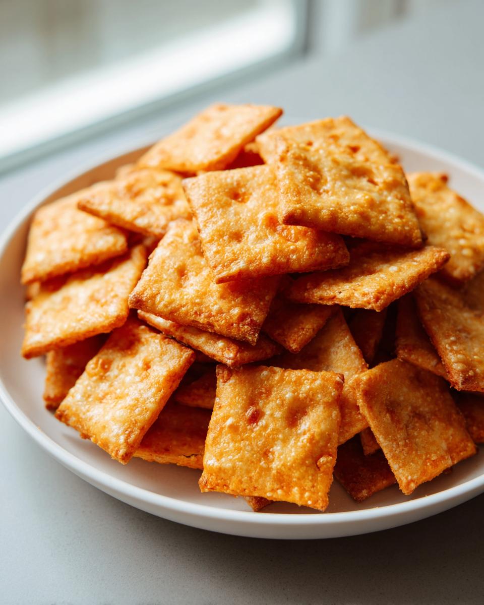 A white bowl overflowing with golden brown, square homemade cheese crackers, ready to snap.