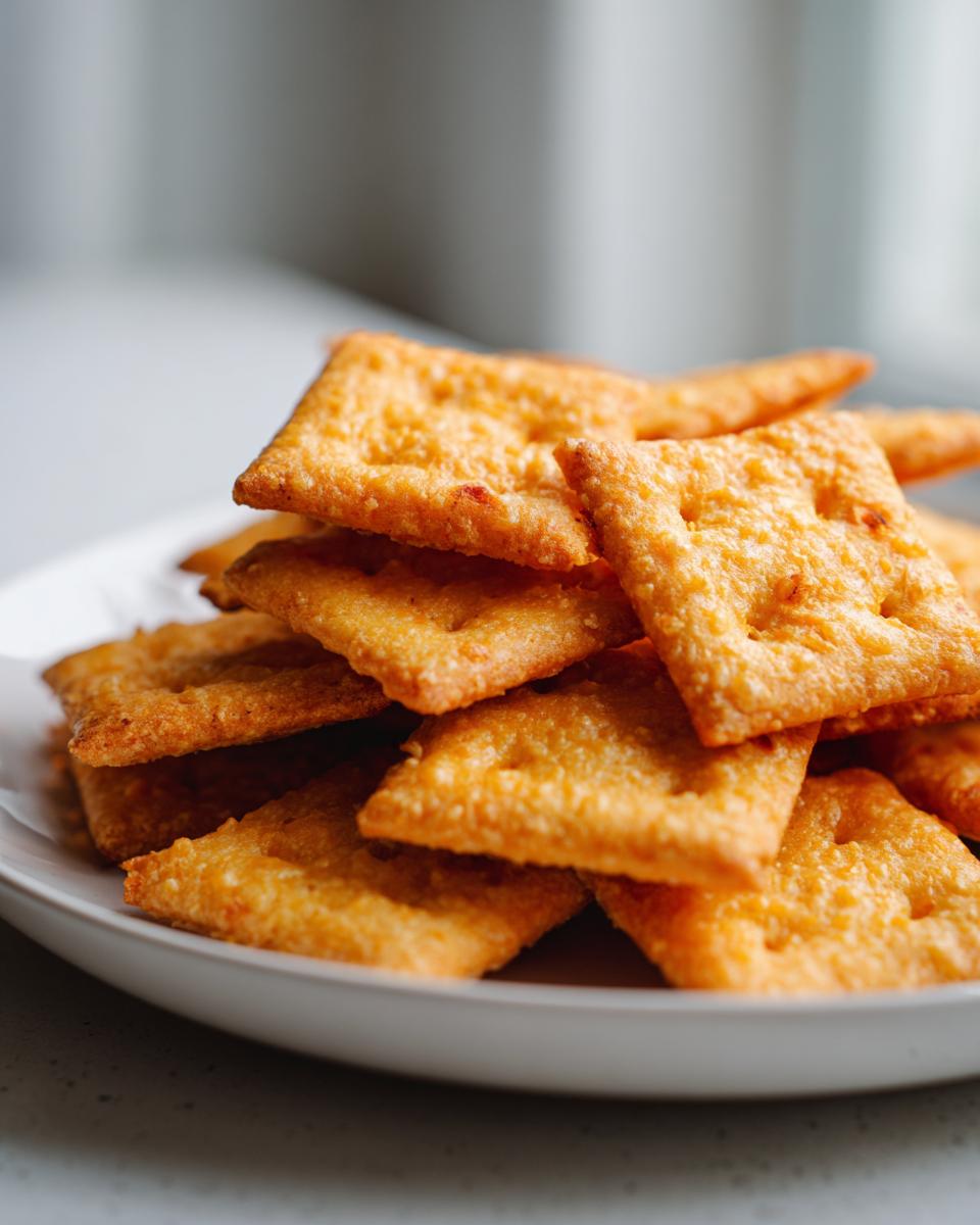 A close-up of a stack of golden, square homemade cheese crackers piled high on a white plate.