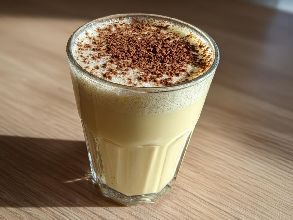 A glass of rich, creamy homemade eggnog topped with frothy foam and a dusting of cinnamon or nutmeg.