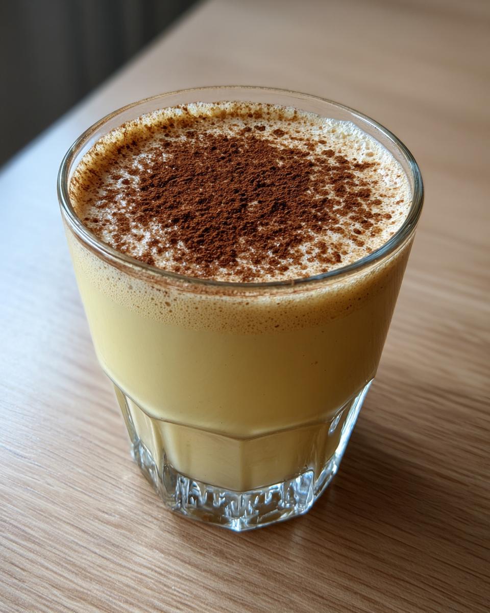 A glass of creamy homemade eggnog topped with a generous dusting of cinnamon or nutmeg.