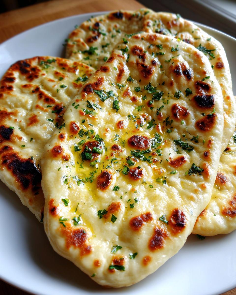 Close-up of several pieces of fluffy homemade naan bread, brushed with melted butter and topped with fresh chopped cilantro.